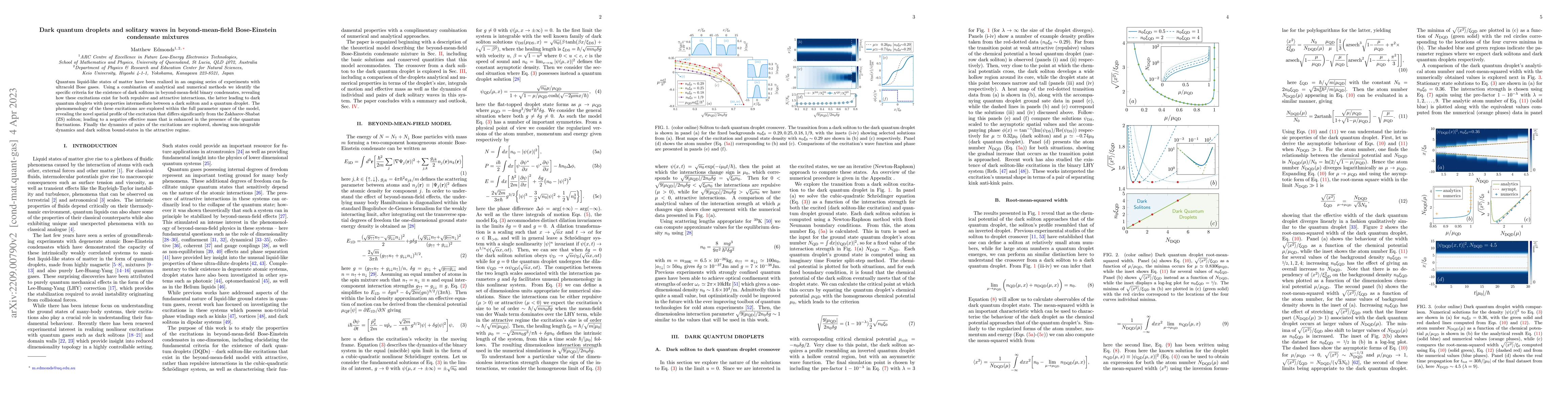 Thumbnail for Dark quantum droplets and solitary waves in beyond-mean-field
  Bose-Einstein condensate mixtures