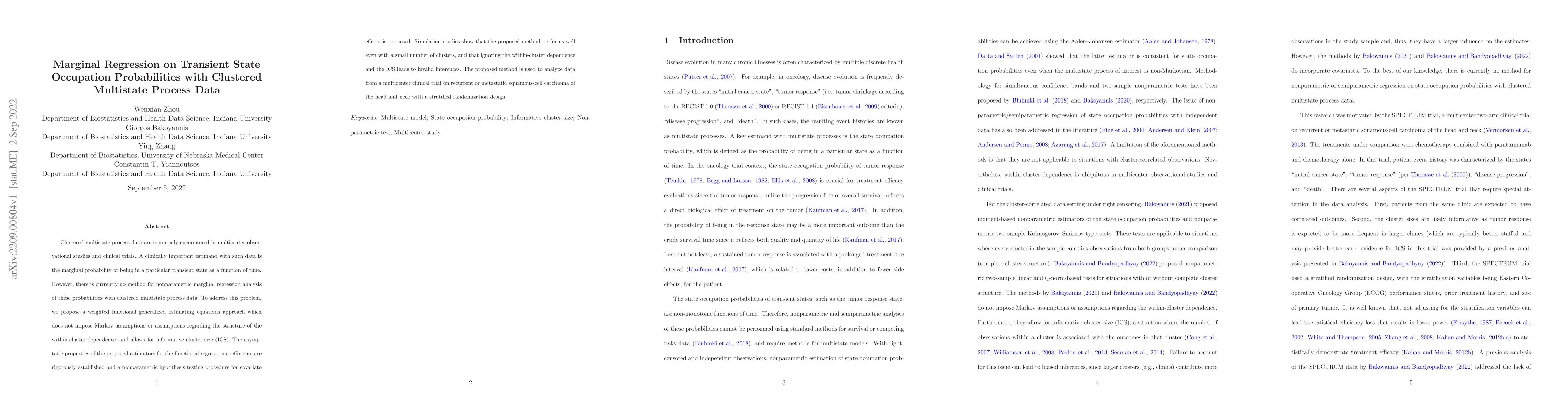 Thumbnail for Marginal Regression on Transient State Occupation Probabilities with
  Clustered Multistate Process Data
