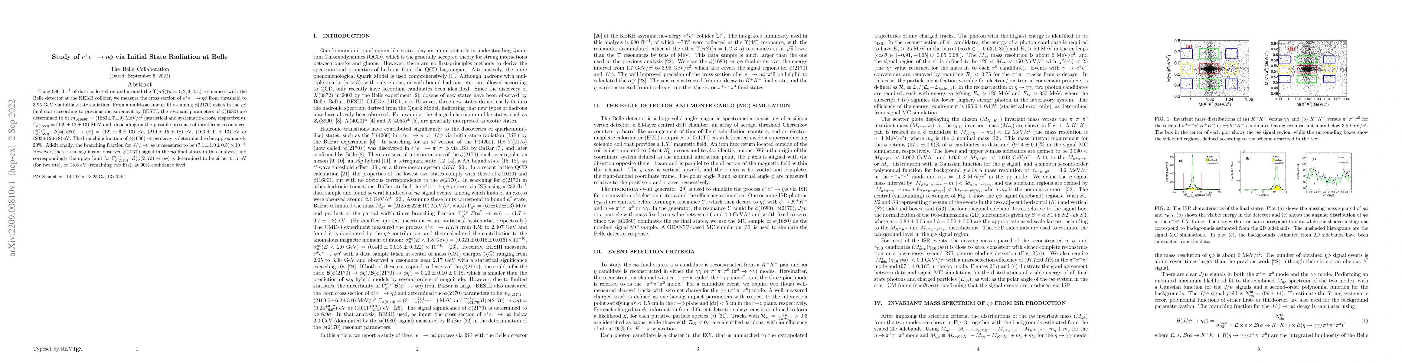 Thumbnail for Study of $e^{+}e^{-}\to\eta\phi$ via Initial State Radiation at Belle
