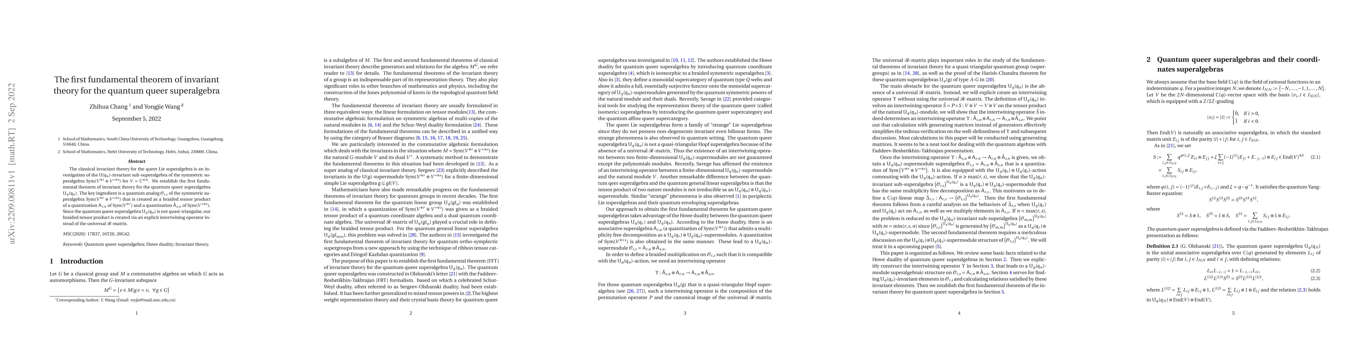 Thumbnail for The first fundamental theorem of invariant theory for the quantum queer
  superalgebra