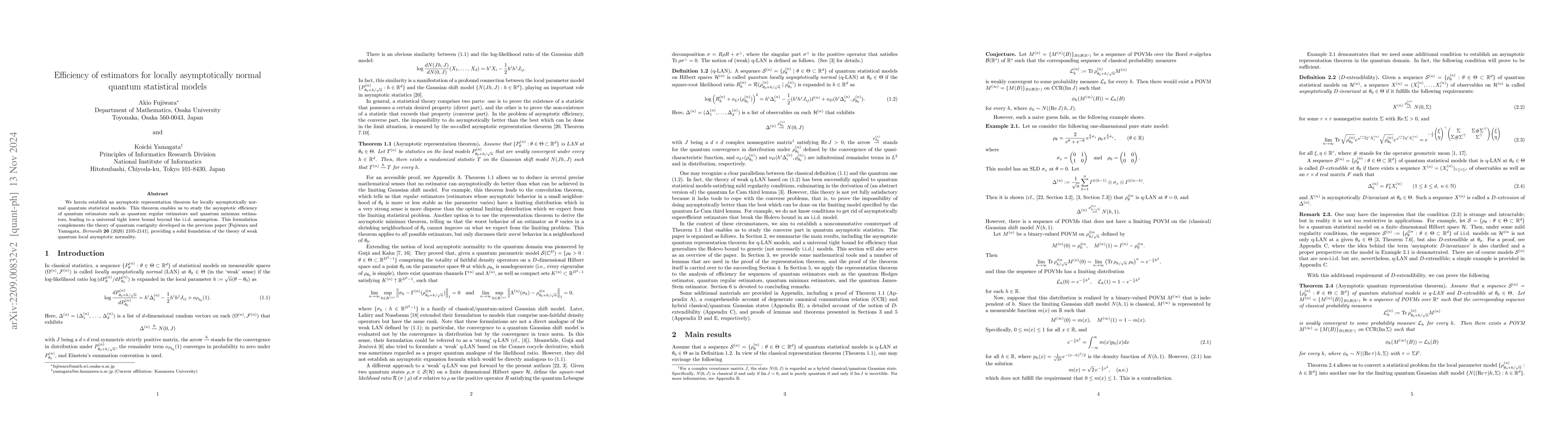 Thumbnail for Efficiency of estimators for locally asymptotically normal quantum
  statistical models