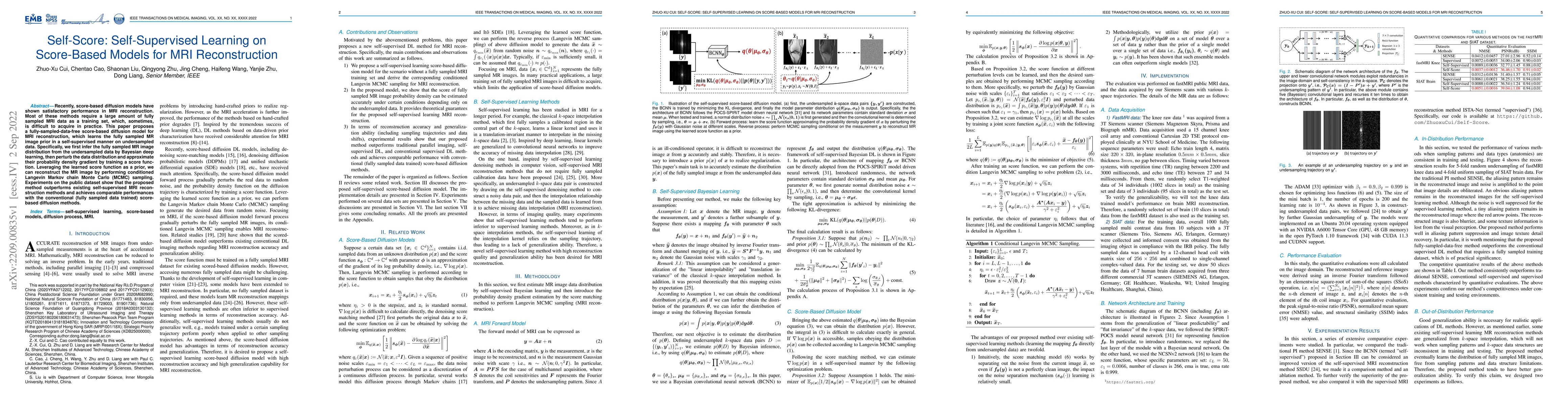 Thumbnail for Self-Score: Self-Supervised Learning on Score-Based Models for MRI
  Reconstruction