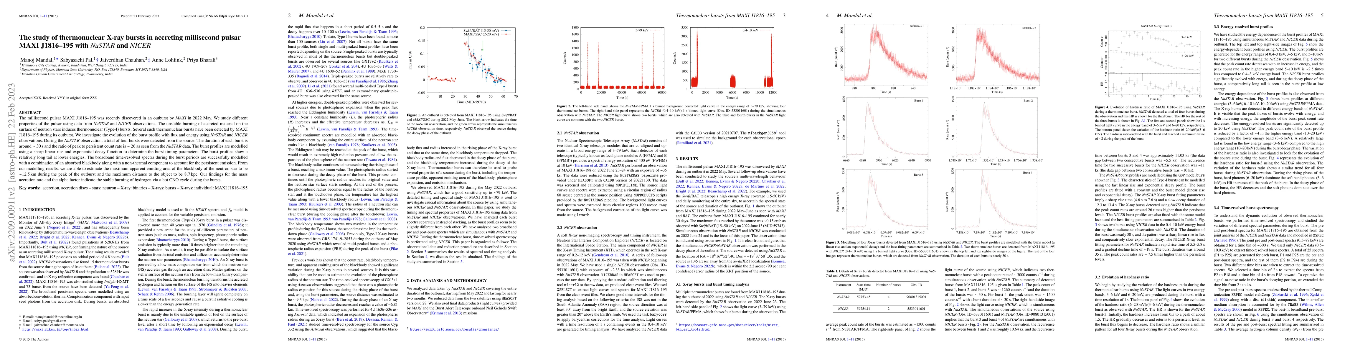 Thumbnail for The study of thermonuclear X-ray bursts in accreting millisecond pulsar
  MAXI J1816-195 with NuSTAR and NICER