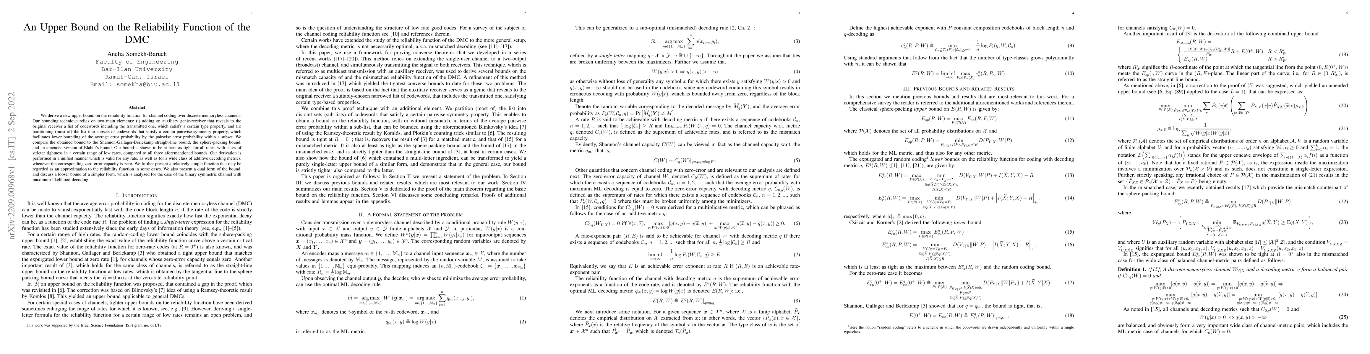 Thumbnail for An Upper Bound on the Reliability Function of the DMC