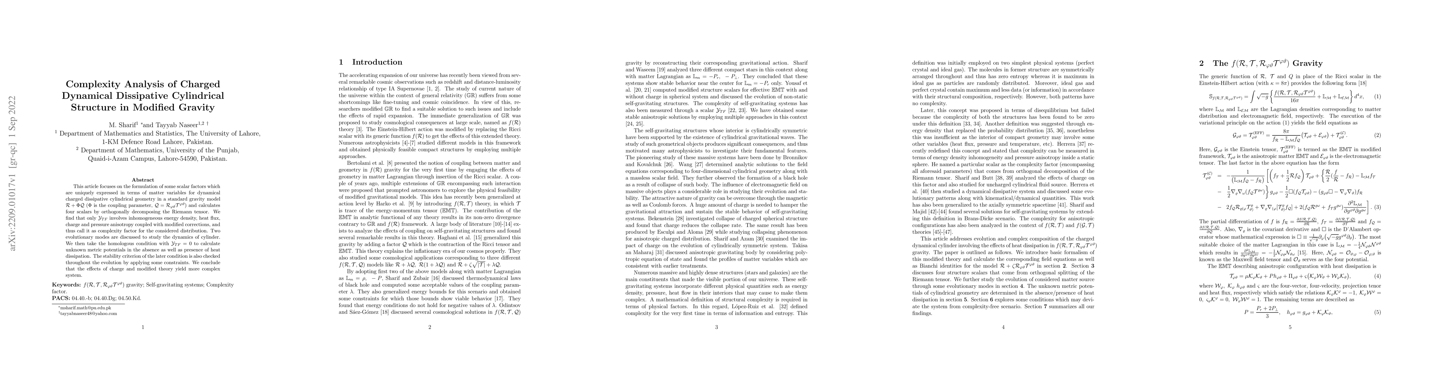 Thumbnail for Complexity Analysis of Charged Dynamical Dissipative Cylindrical
  Structure in Modified Gravity