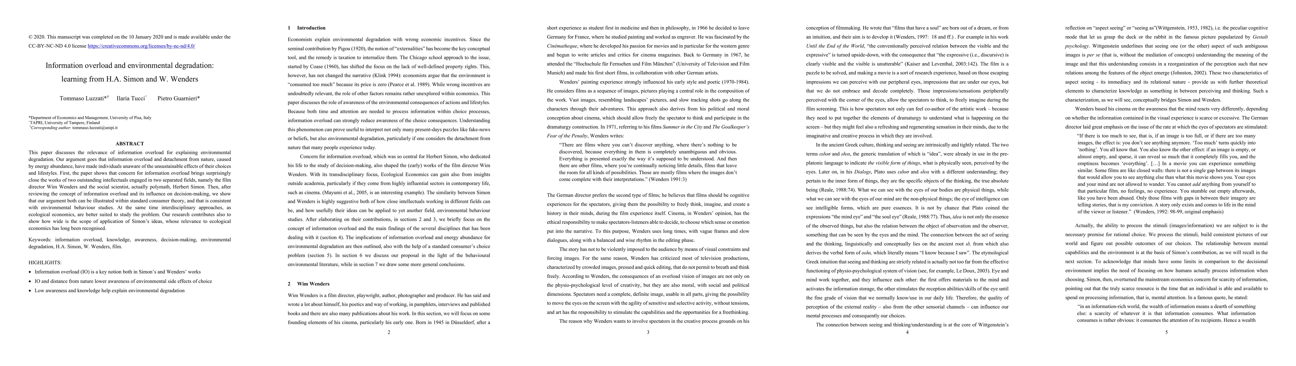 Thumbnail for Information overload and environmental degradation: learning from H.A.
  Simon and W. Wenders