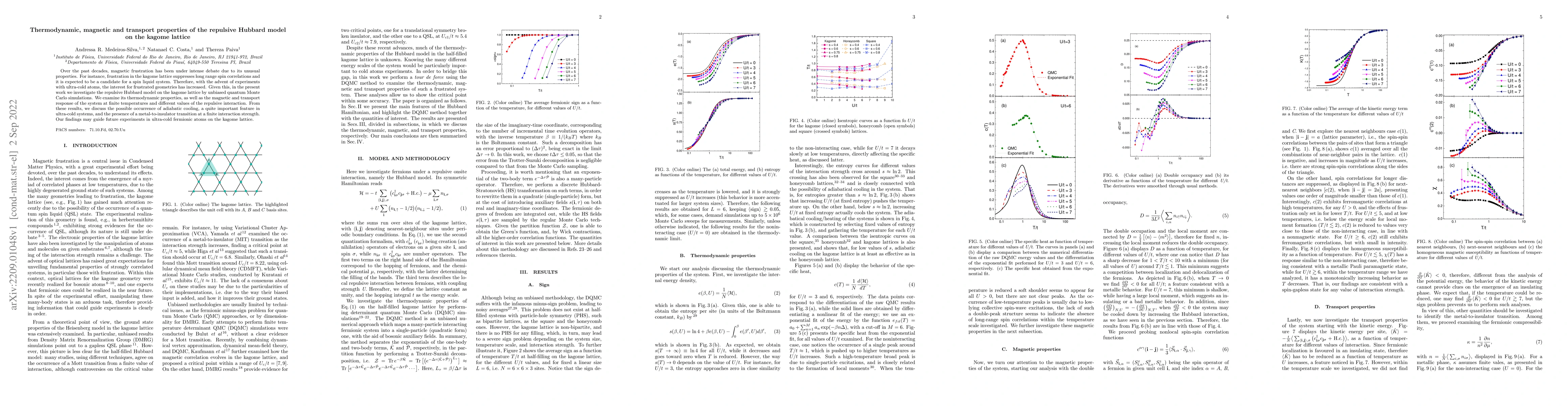 Thumbnail for Thermodynamic, magnetic and transport properties of the repulsive
  Hubbard model on the kagome lattice