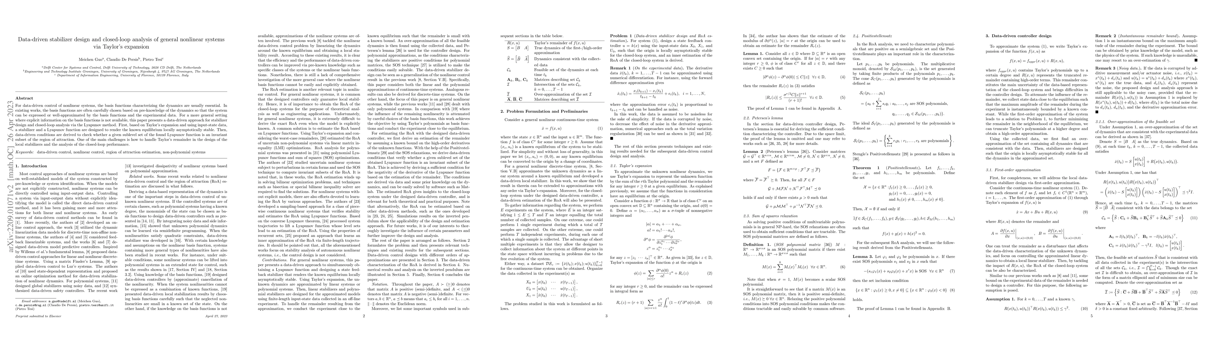 Thumbnail for Data-driven stabilizer design and closed-loop analysis of general
  nonlinear systems via Taylor's expansion