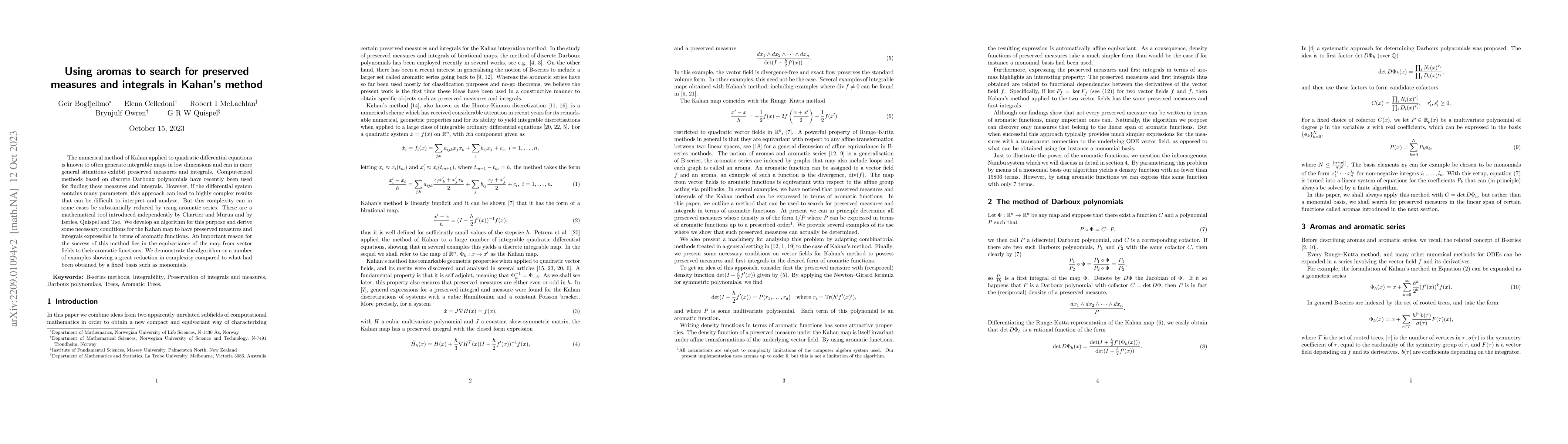 Thumbnail for Using aromas to search for preserved measures and integrals in Kahan's
  method