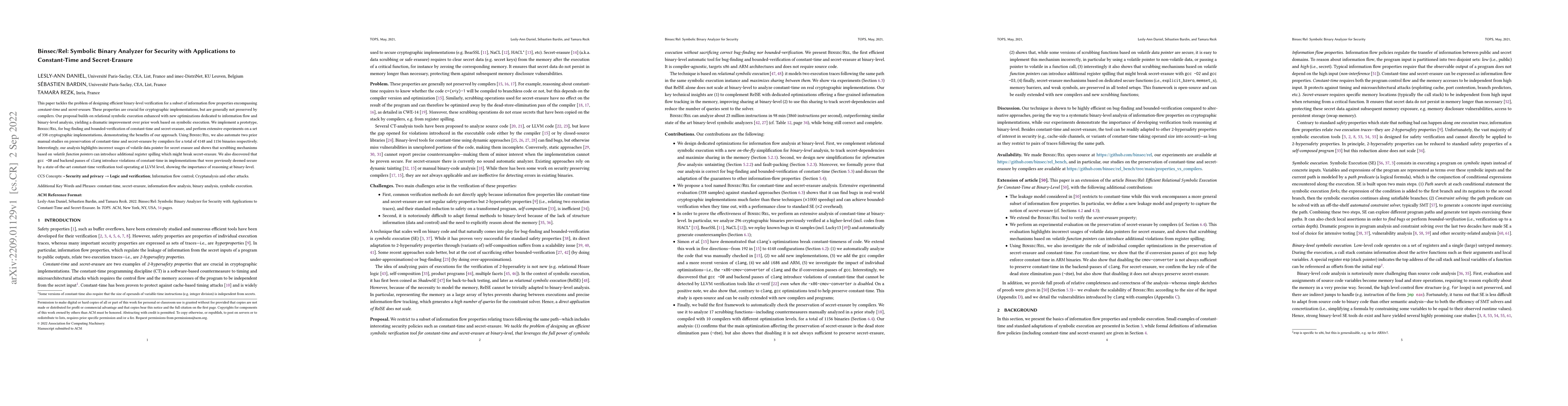 Thumbnail for Binsec/Rel: Symbolic Binary Analyzer for Security with Applications to
  Constant-Time and Secret-Erasure
