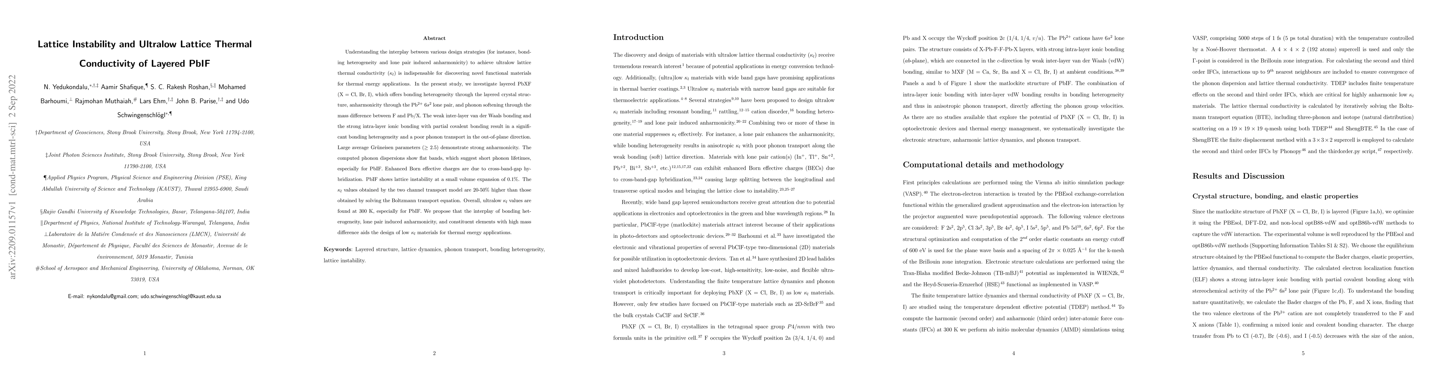 Thumbnail for Lattice Instability and Ultralow Lattice Thermal Conductivity of Layered
  PbIF