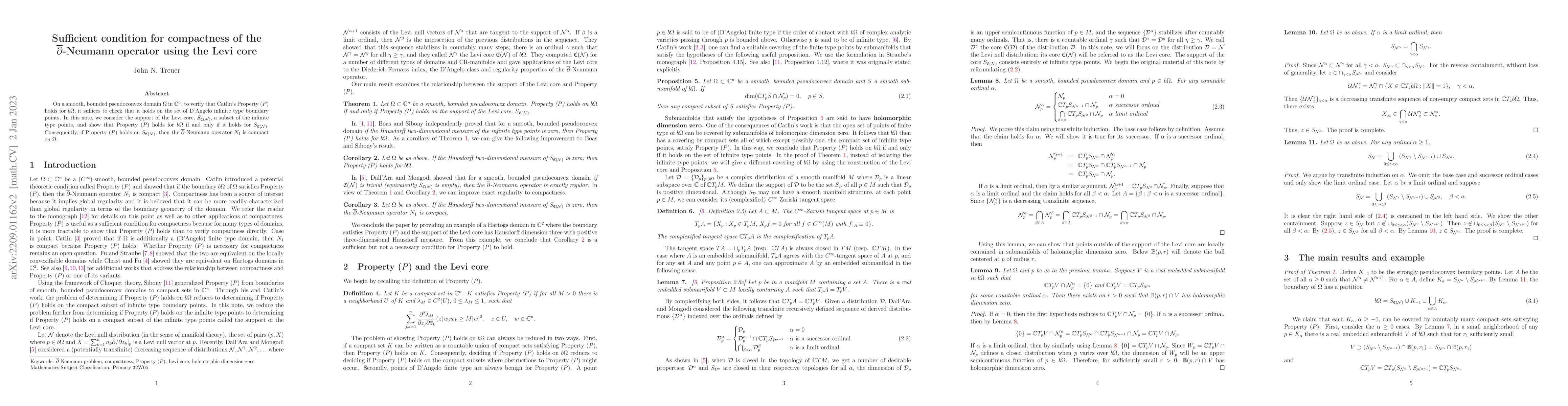 Thumbnail for Sufficient condition for compactness of the
  $\overline{\partial}$-Neumann operator using the Levi core