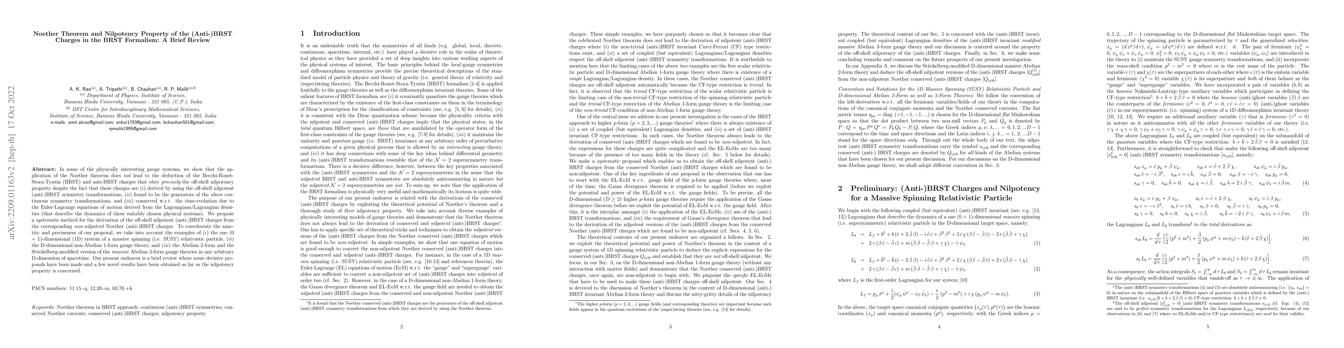 Thumbnail for Noether Theorem and Nilpotency Property of the (Anti-)BRST Charges in
  the BRST Formalism: A Brief Review