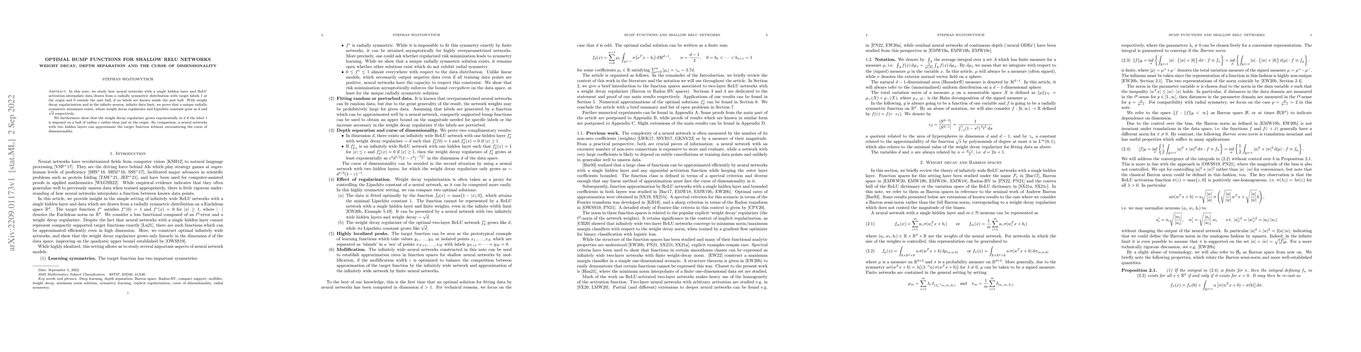 Thumbnail for Optimal bump functions for shallow ReLU networks: Weight decay, depth
  separation and the curse of dimensionality