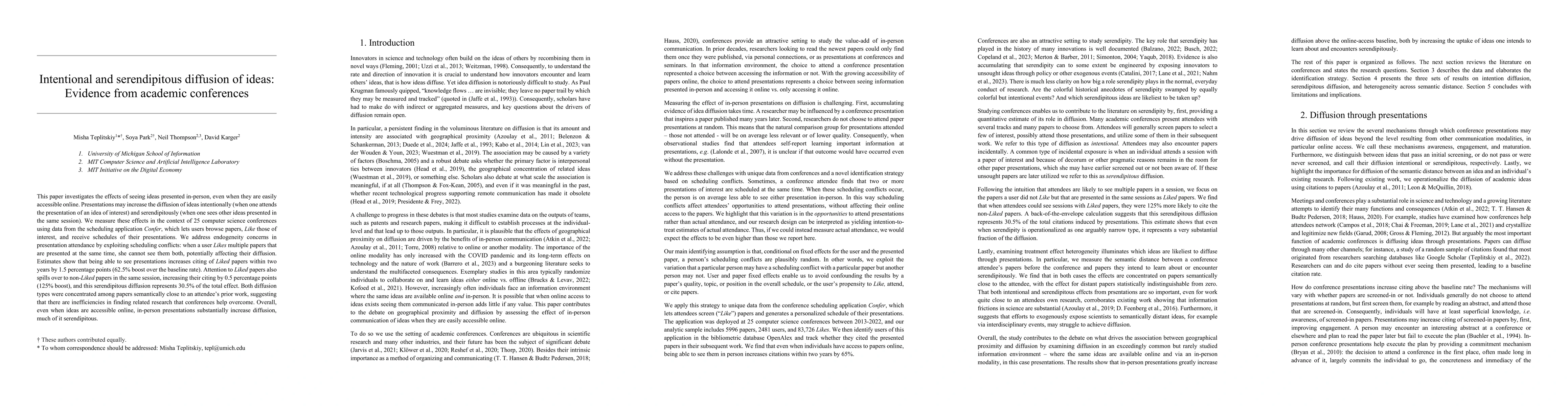 Thumbnail for Intentional and serendipitous diffusion of ideas: Evidence from academic
  conferences