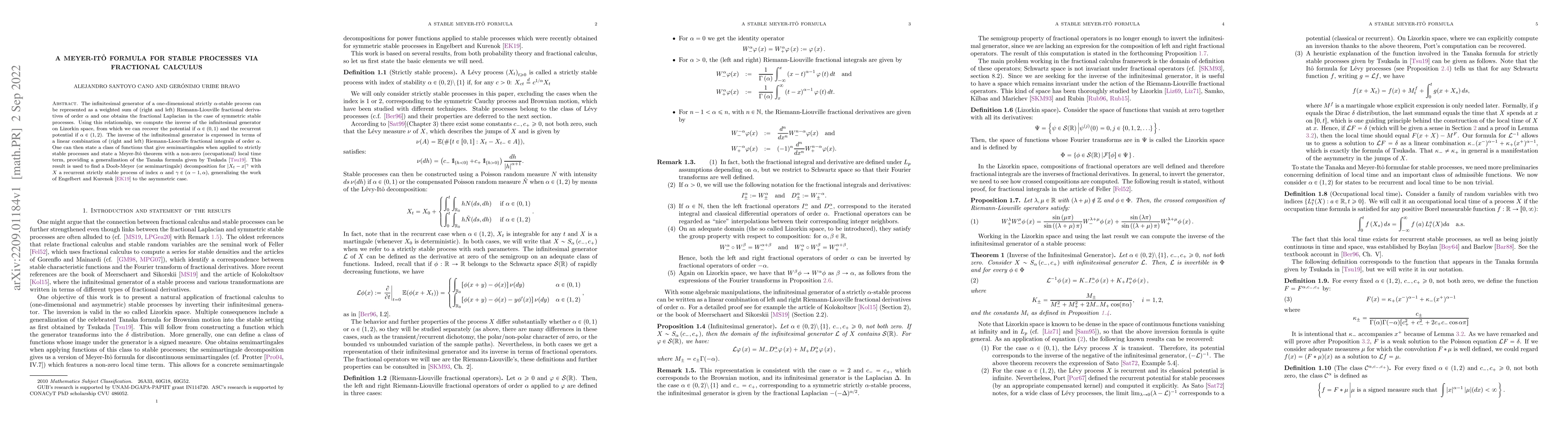 Thumbnail for A Meyer-It\^o Formula for Stable Processes via Fractional Calculus