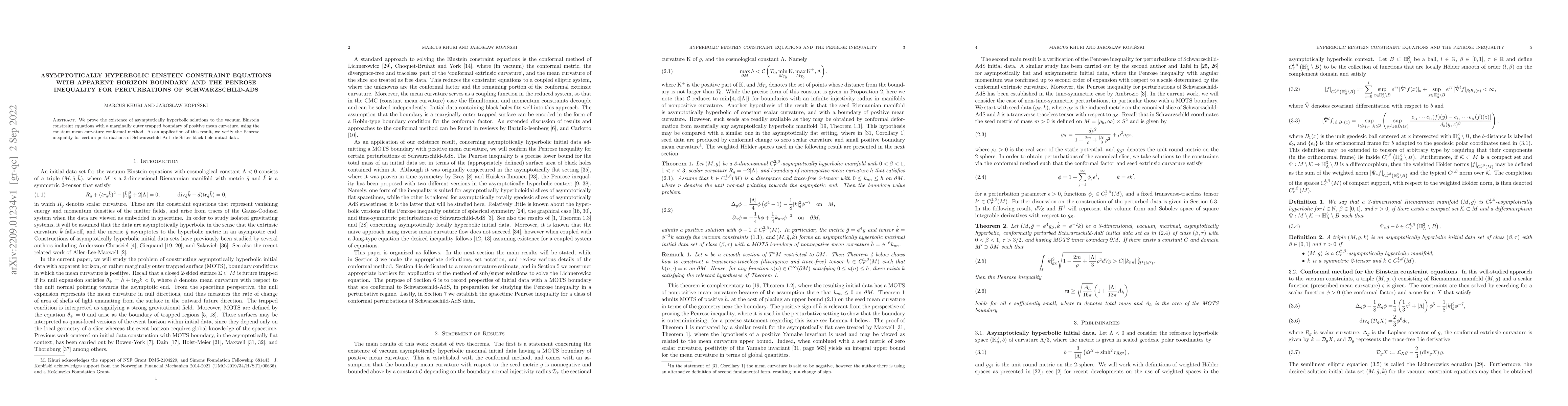 Thumbnail for Asymptotically Hyperbolic Einstein Constraint Equations with Apparent
  Horizon Boundary and the Penrose Inequality for Perturbations of
  Schwarzschild-AdS