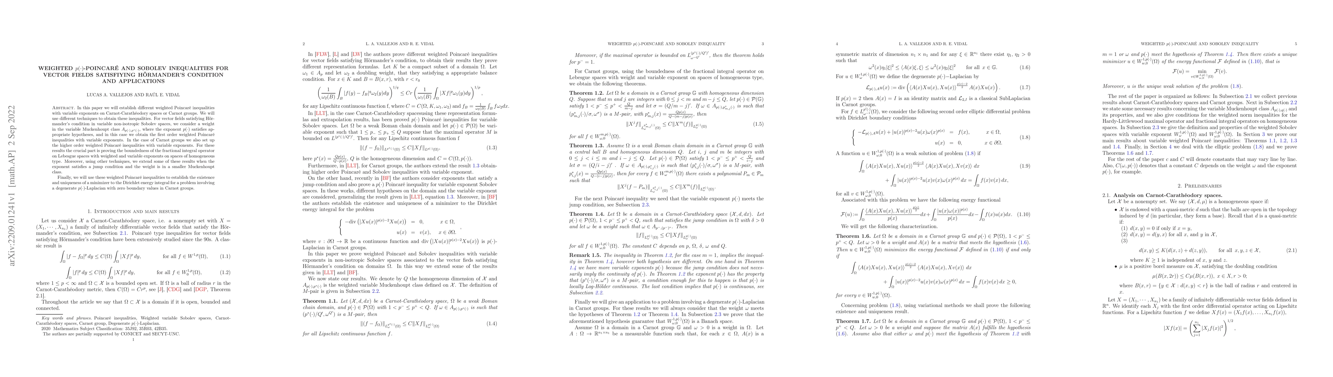 Thumbnail for Weighted $p(\cdot)$-Poincar\'e and Sobolev inequality]{Weighted $%
  p(\cdot )$-Poincar\'{e} and Sobolev inequalities for vector fields
  satisfiying H\"{o}rmander's condition and applications