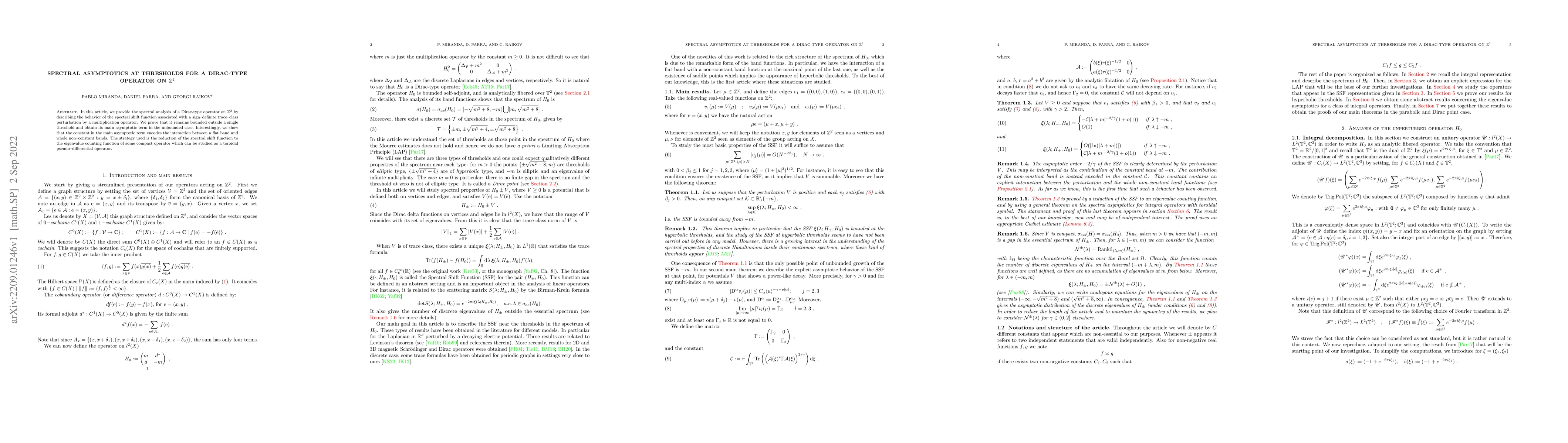 Thumbnail for Spectral Asymptotics at Thresholds for a Dirac-type Operator on
  $\mathbb{Z}^2$
