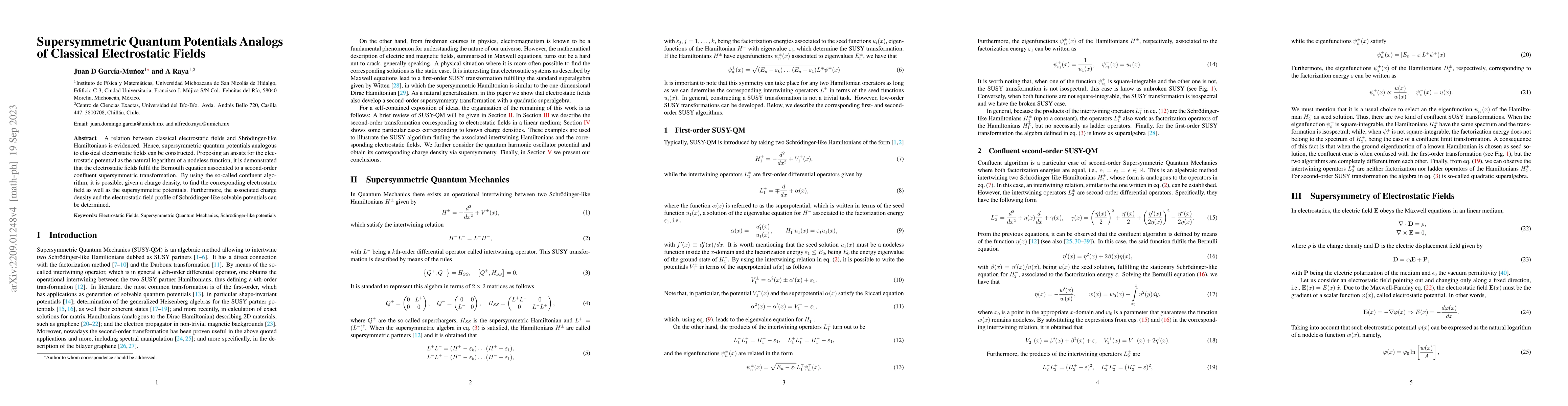 Thumbnail for Supersymmetric Quantum Potentials Analogs of Classical Electrostatic
  Fields