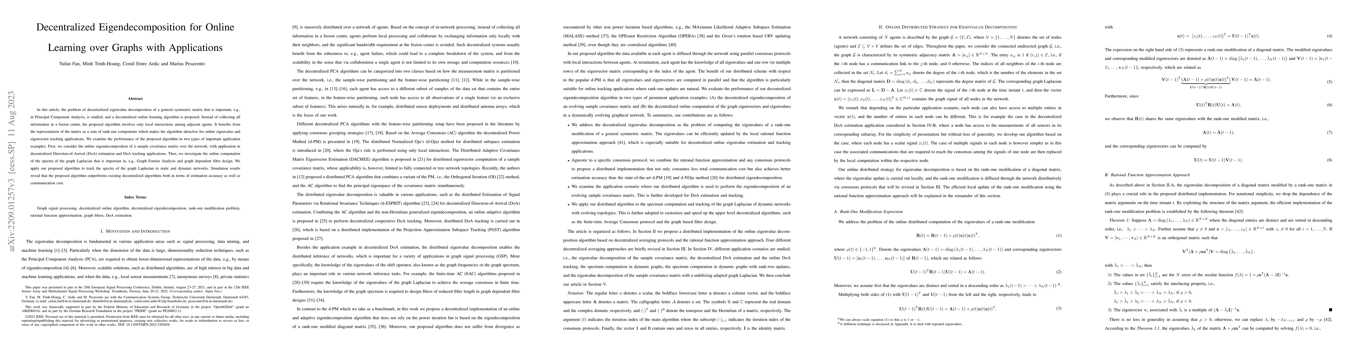 Thumbnail for Decentralized Eigendecomposition for Online Learning over Graphs with
  Applications