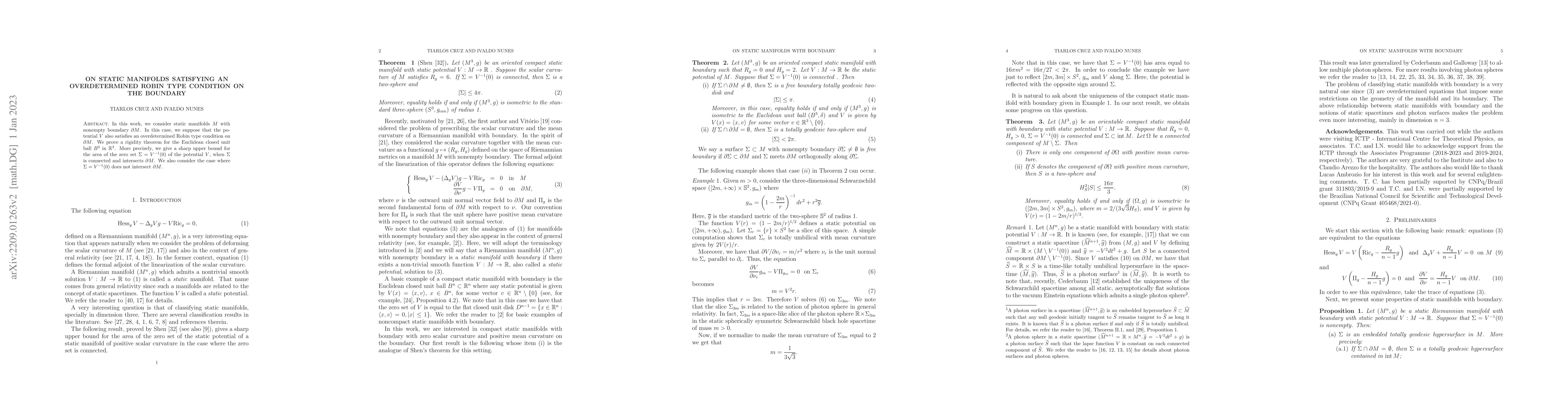 Thumbnail for On static manifolds satisfying an overdetermined Robin type condition on
  the boundary
