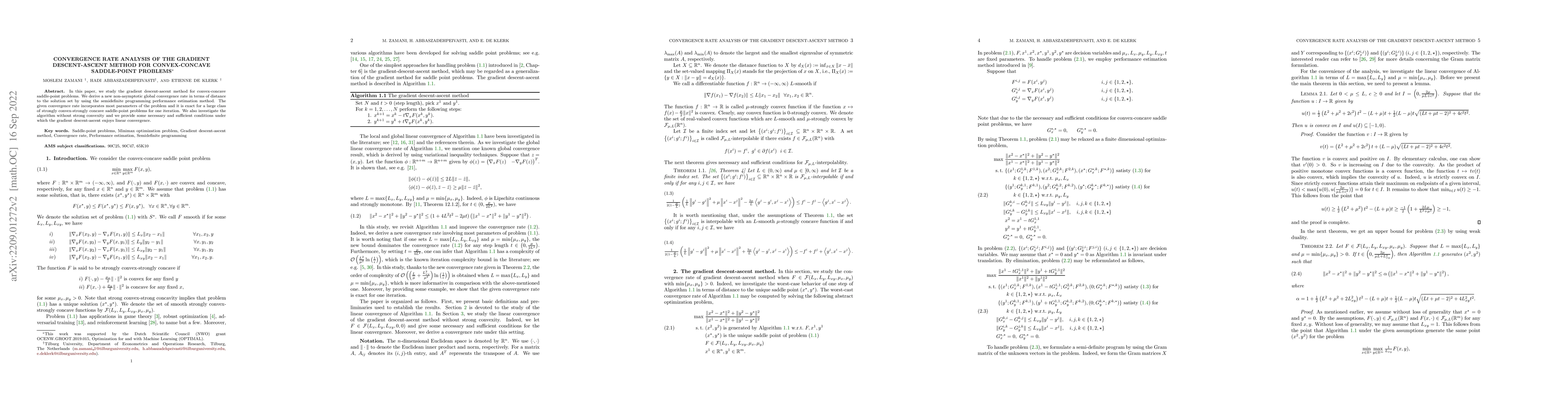 Thumbnail for Convergence rate analysis of the gradient descent-ascent method for
  convex-concave saddle-point problems
