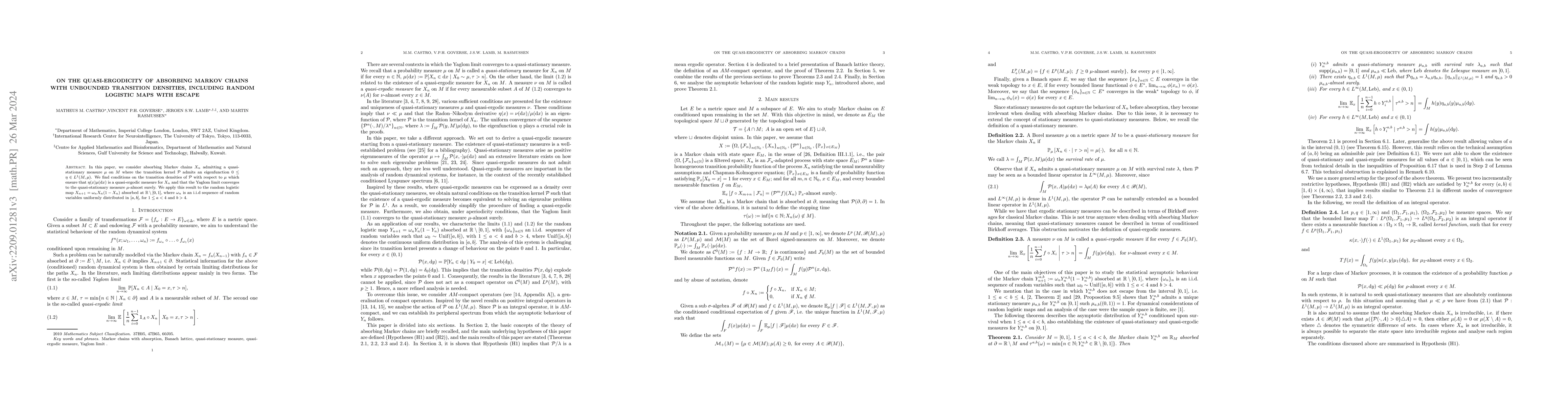 Thumbnail for On the quasi-ergodicity of absorbing Markov chains with unbounded
  transition densities, including random logistic maps with escape