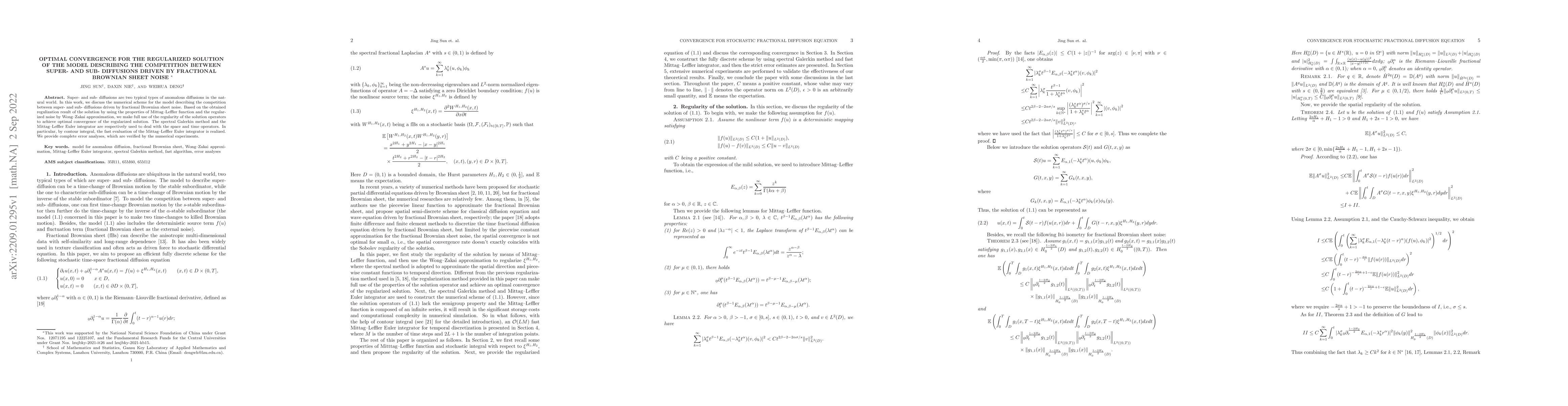 Thumbnail for Optimal convergence for the regularized solution of the model describing
  the competition between super- and sub- diffusions driven by fractional
  Brownian sheet noise