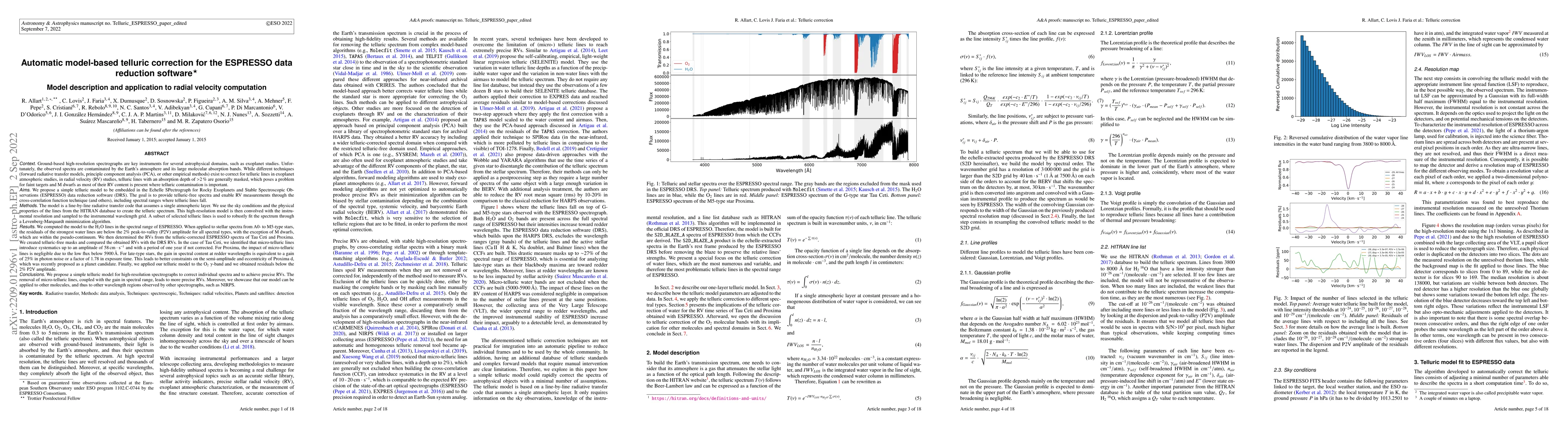Thumbnail for Automatic model-based telluric correction for the ESPRESSO data
  reduction software. Model description and application to radial velocity
  computation