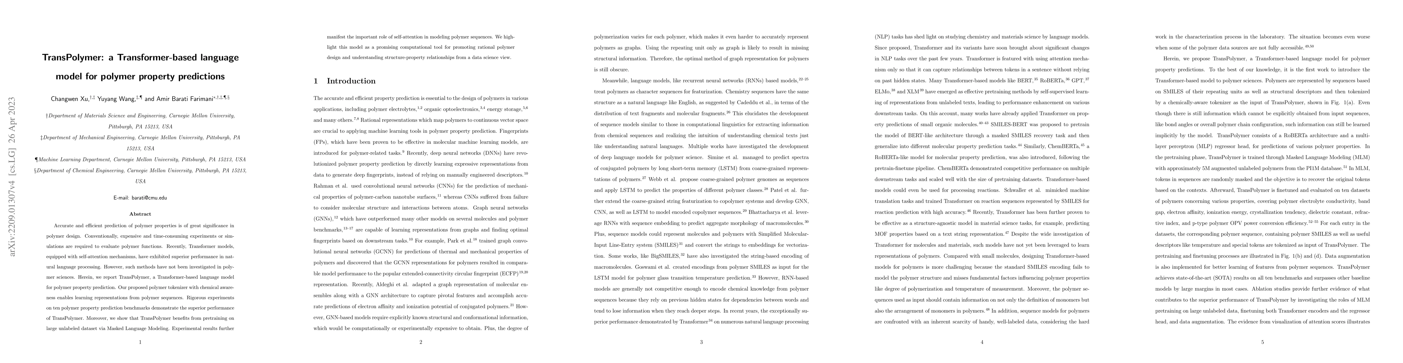 Thumbnail for TransPolymer: a Transformer-based language model for polymer property
  predictions