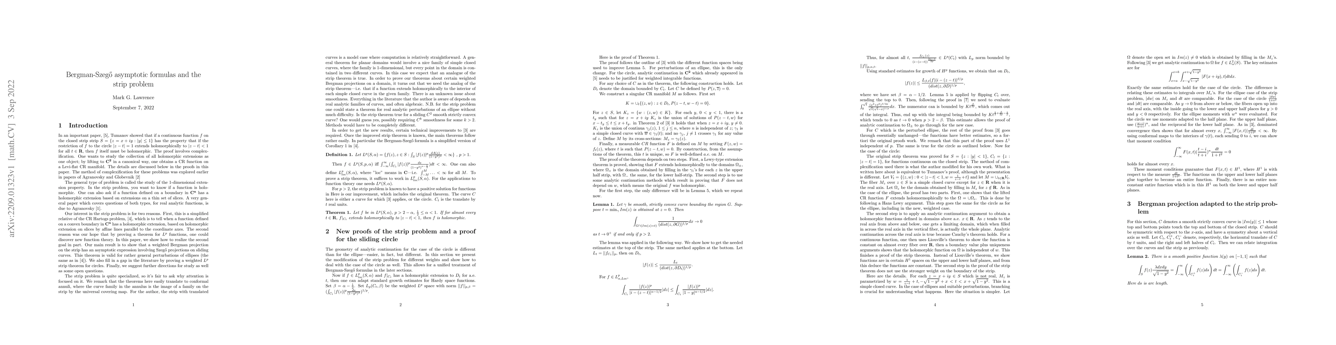Thumbnail for Bergman-Szeg\H{o} asymptotic formulas and the strip problem