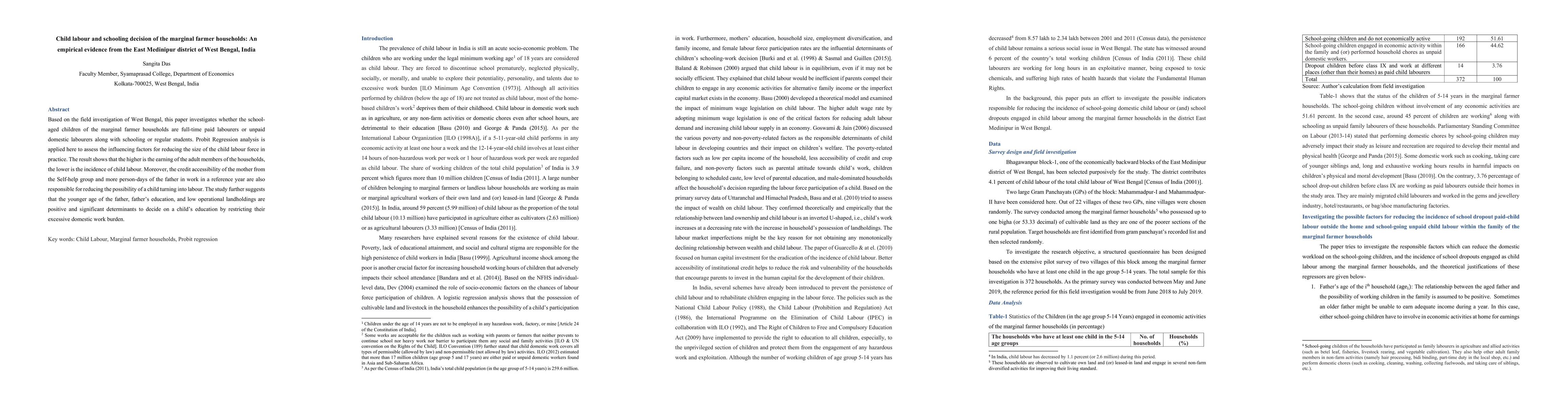 Thumbnail for Child labour and schooling decision of the marginal farmer households:
  An empirical evidence from the East Medinipur district of West Bengal, India