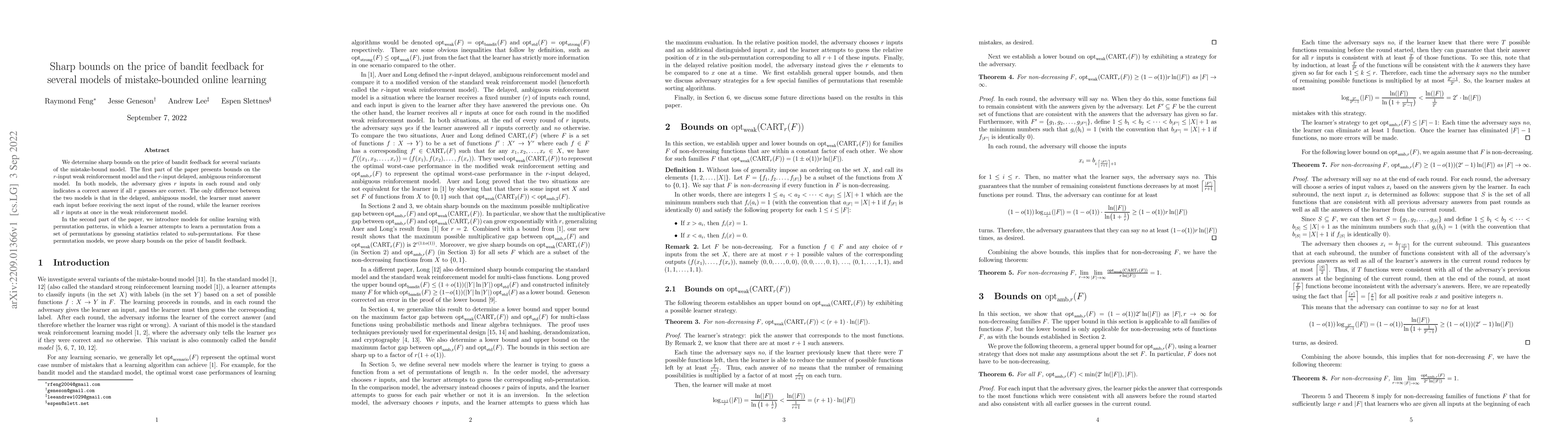 Thumbnail for Sharp bounds on the price of bandit feedback for several models of
  mistake-bounded online learning