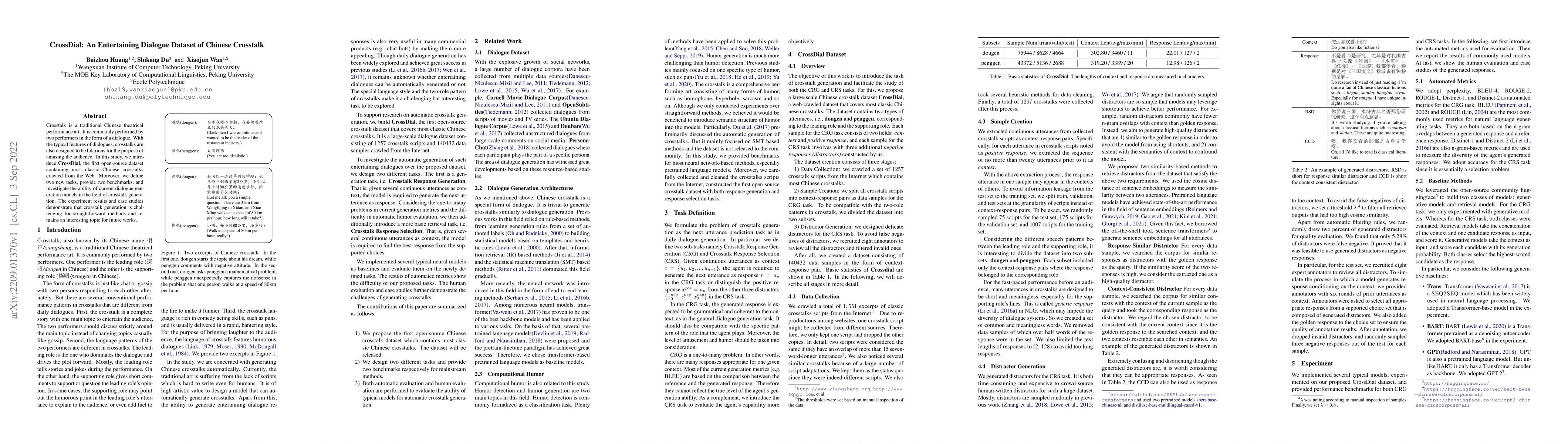 Thumbnail for CrossDial: An Entertaining Dialogue Dataset of Chinese Crosstalk