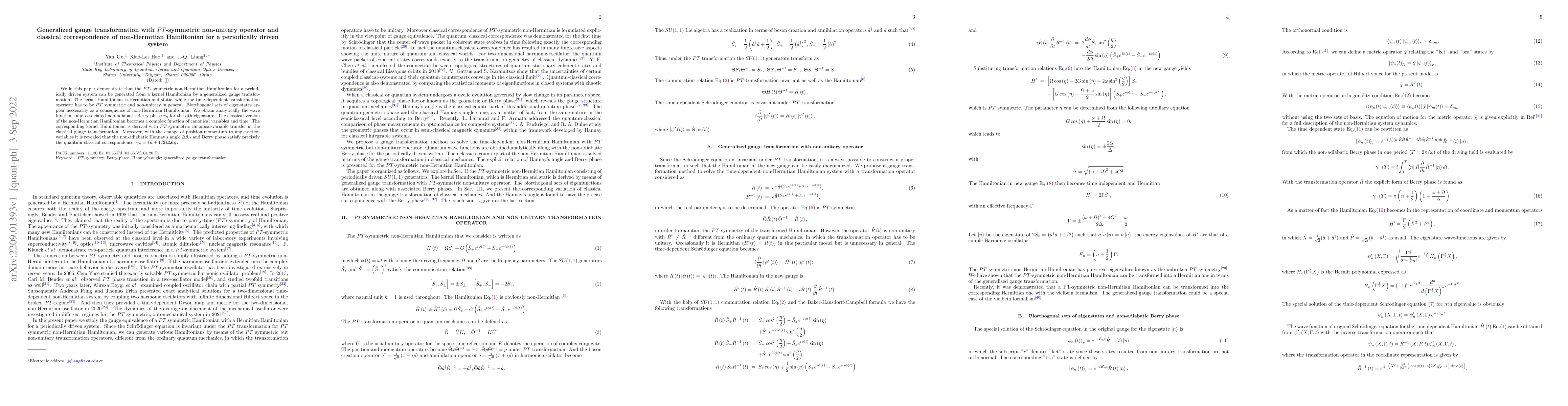 Thumbnail for Generalized gauge transformation with $PT$-symmetric non-unitary
  operator and classical correspondence of non-Hermitian Hamiltonian for a
  periodically driven system