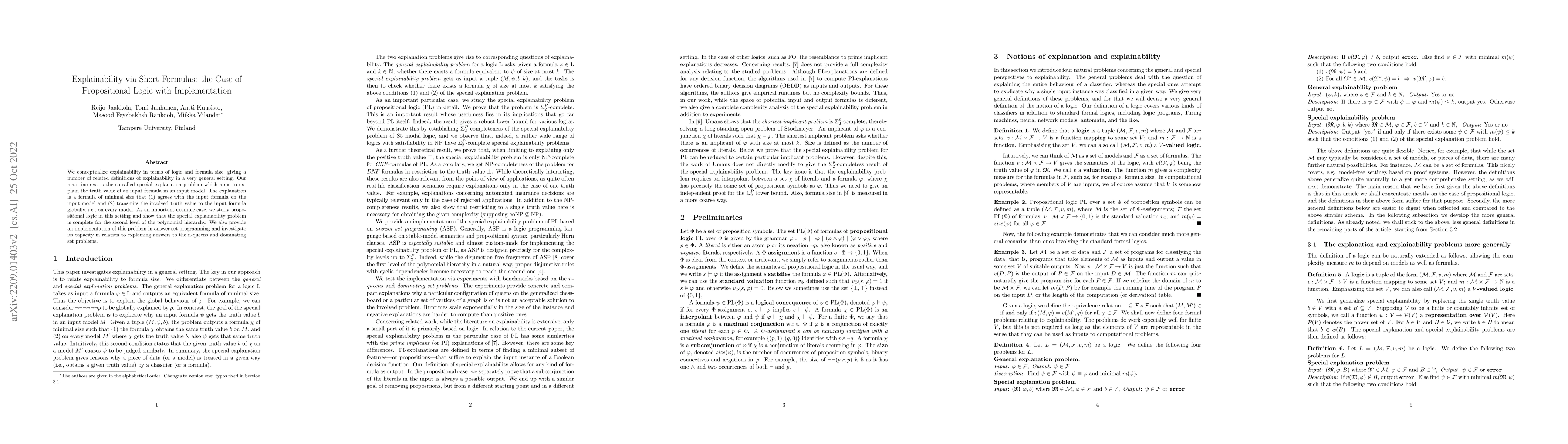 Thumbnail for Explainability via Short Formulas: the Case of Propositional Logic with
  Implementation