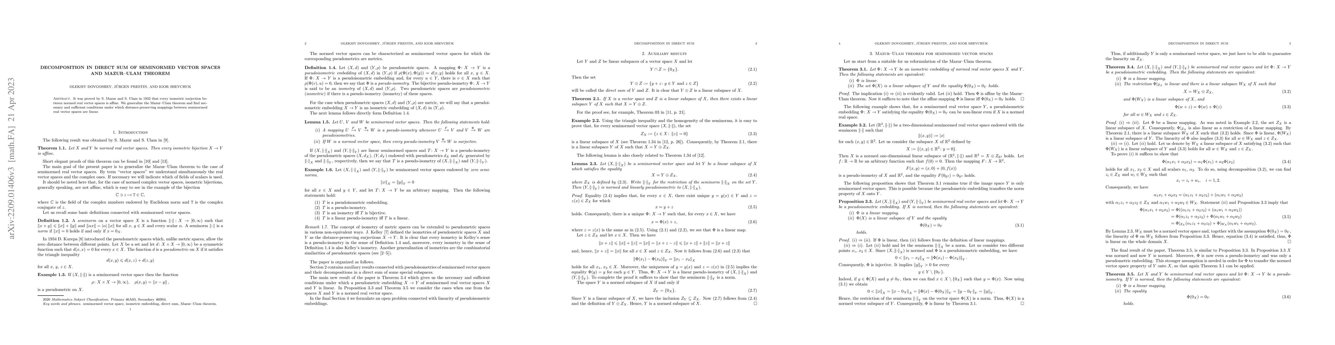 Thumbnail for Decompositions in direct sum of seminormed vector spaces and Mazur-Ulam
  theorem