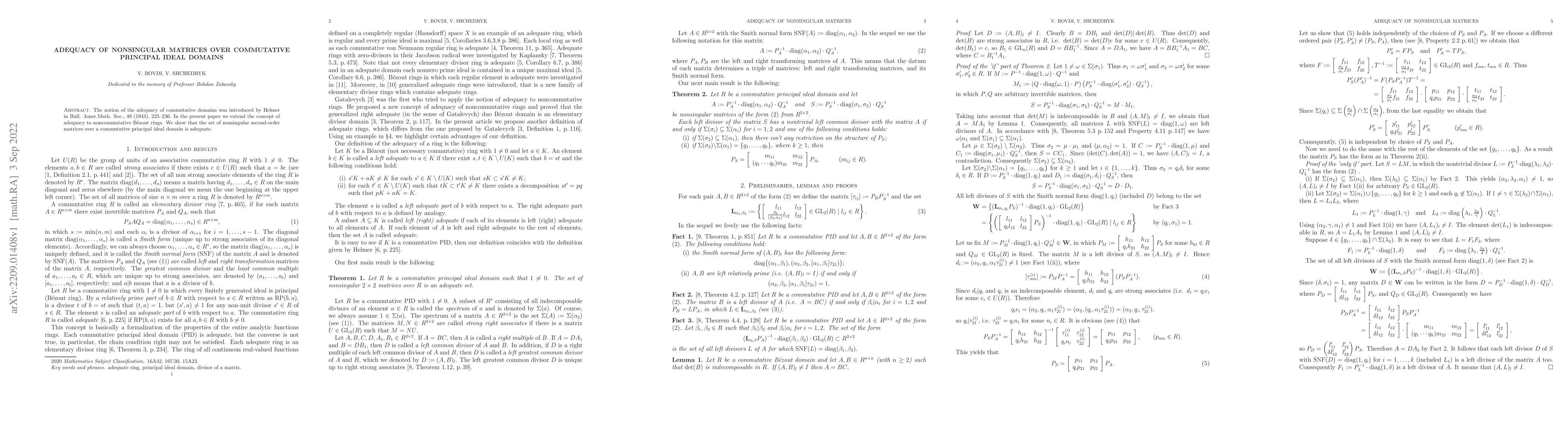 Thumbnail for Adequacy of nonsingular matrices over commutative principal ideal
  domains