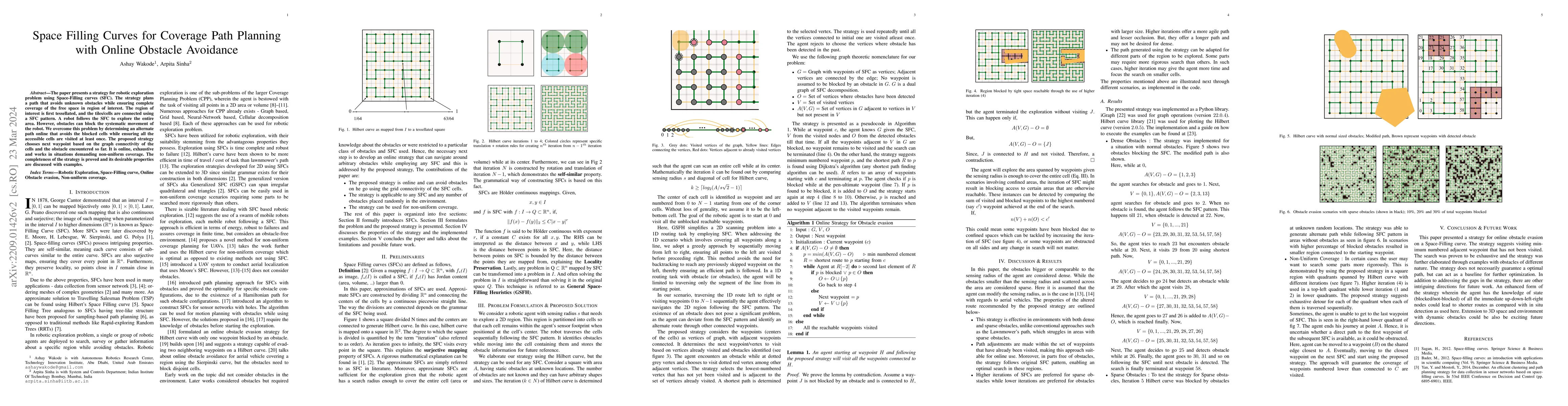 Thumbnail for Space Filling Curves for Coverage Path Planning with Online Obstacle
  Avoidance