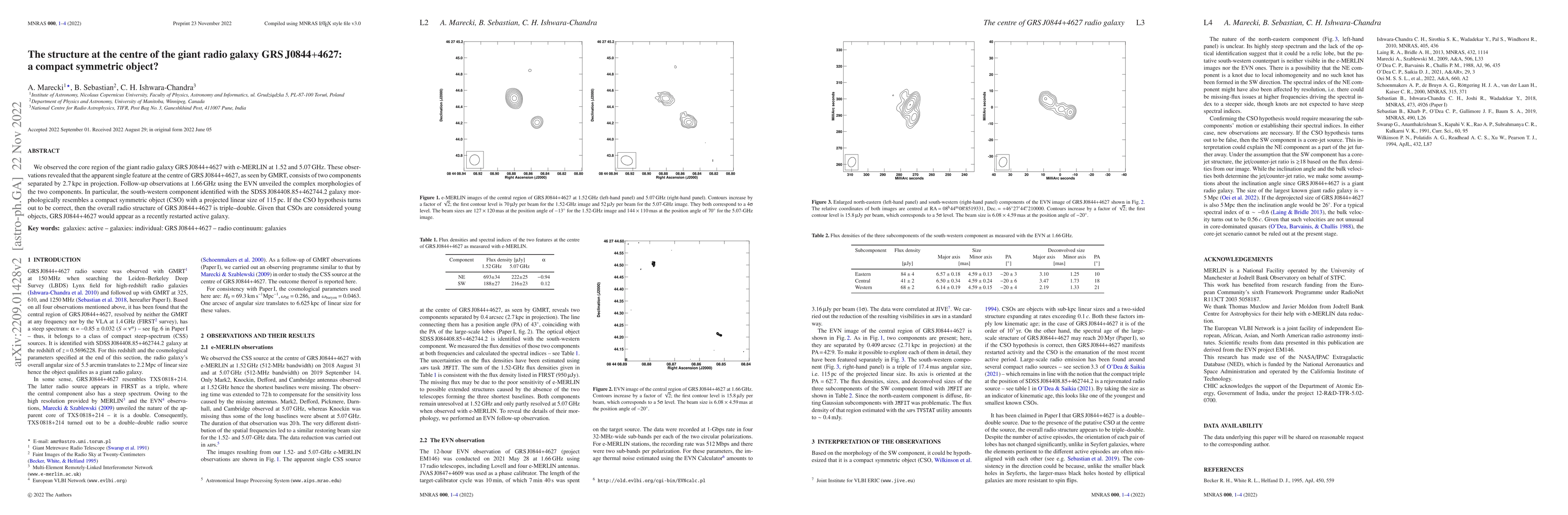 Thumbnail for The structure at the centre of the giant radio galaxy GRS J0844+4627: a
  compact symmetric object?