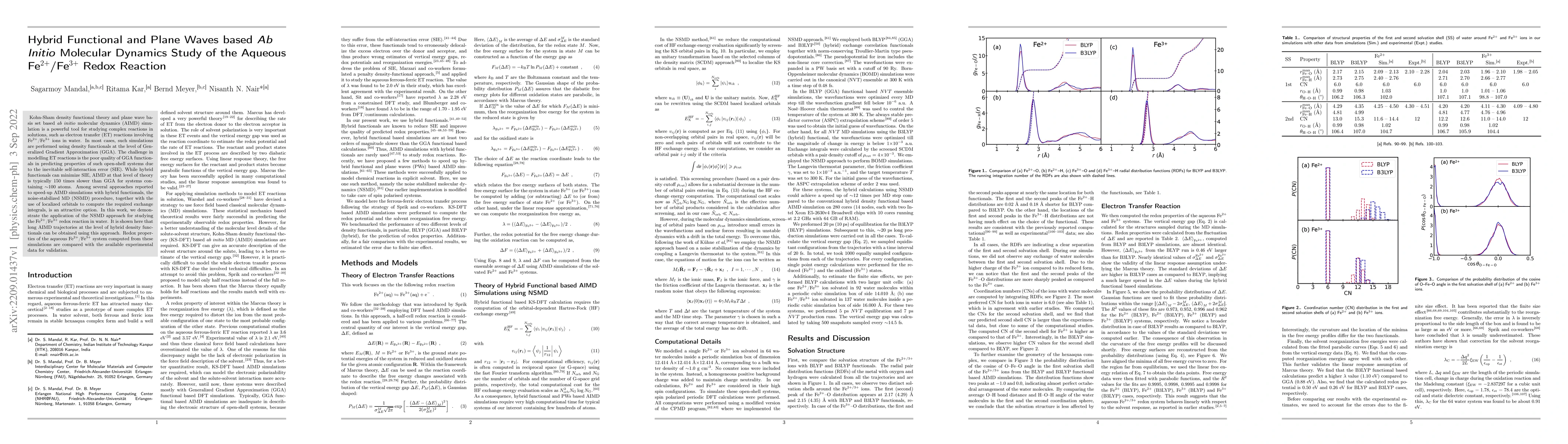 Thumbnail for Hybrid Functional and Plane Waves based Ab Initio Molecular Dynamics
  Study of the Aqueous Fe$^{2+}$/Fe$^{3+}$ Redox Reaction