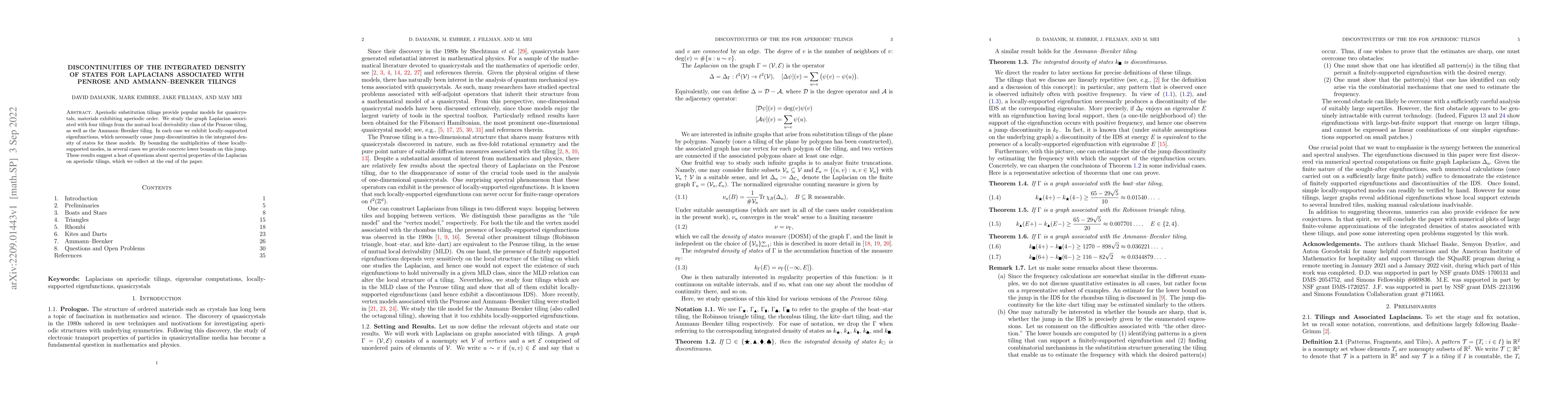 Thumbnail for Discontinuities of the Integrated Density of States for Laplacians
  Associated with Penrose and Ammann-Beenker Tilings