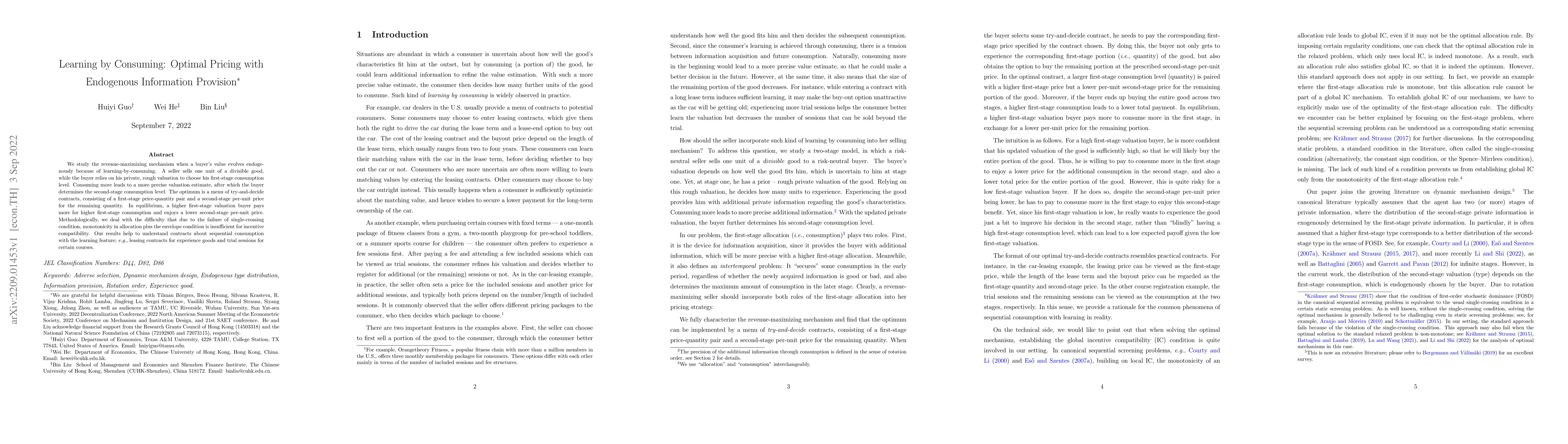 Thumbnail for Learning by Consuming: Optimal Pricing with Endogenous Information
  Provision