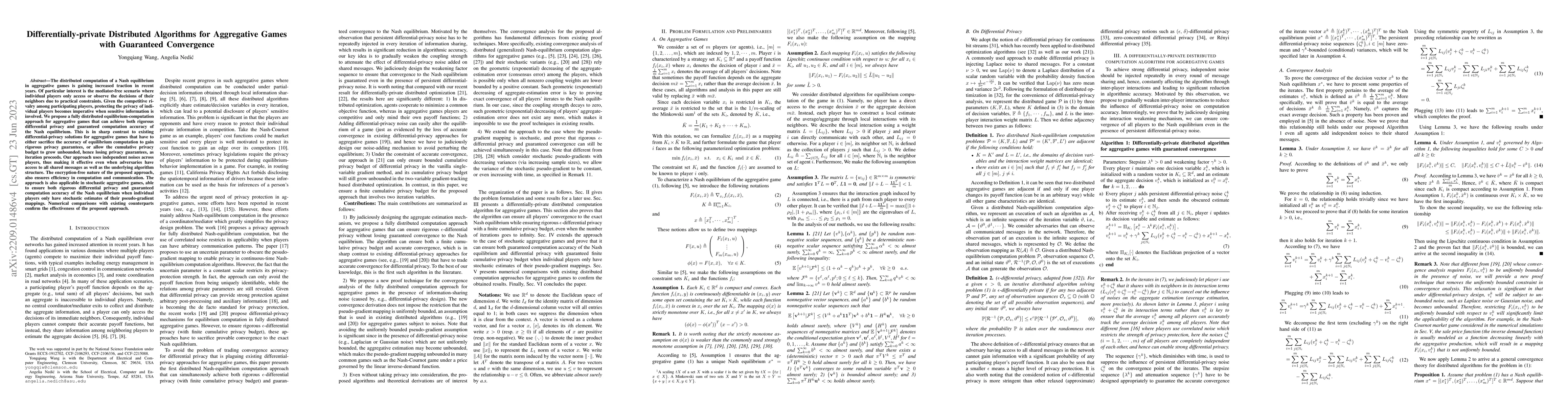 Thumbnail for Differentially-private Distributed Algorithms for Aggregative Games with
  Guaranteed Convergence