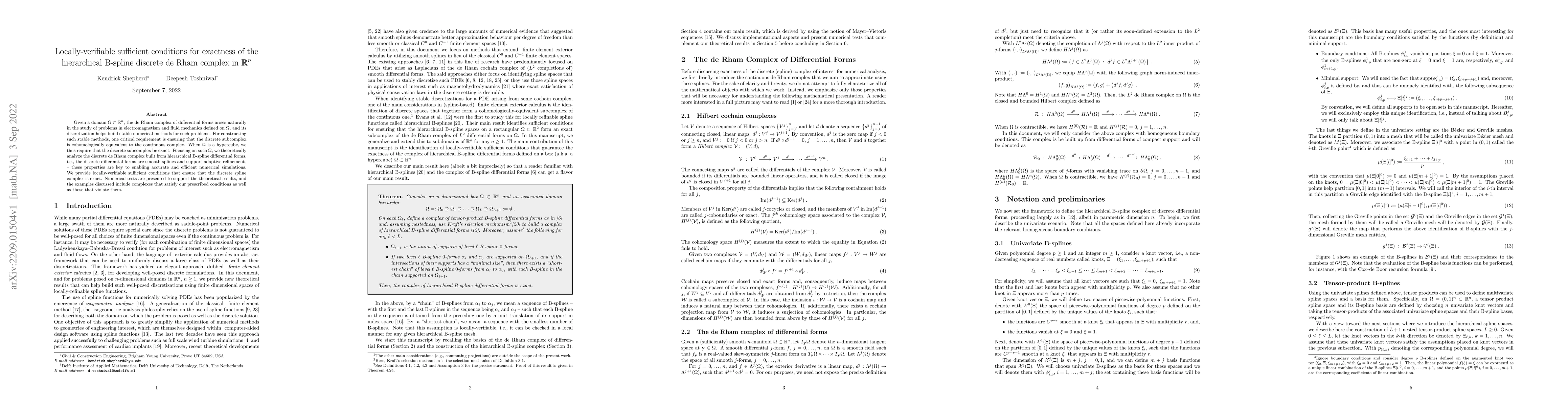 Thumbnail for Locally-verifiable sufficient conditions for exactness of the
  hierarchical B-spline discrete de Rham complex in $\mathbb{R}^n$