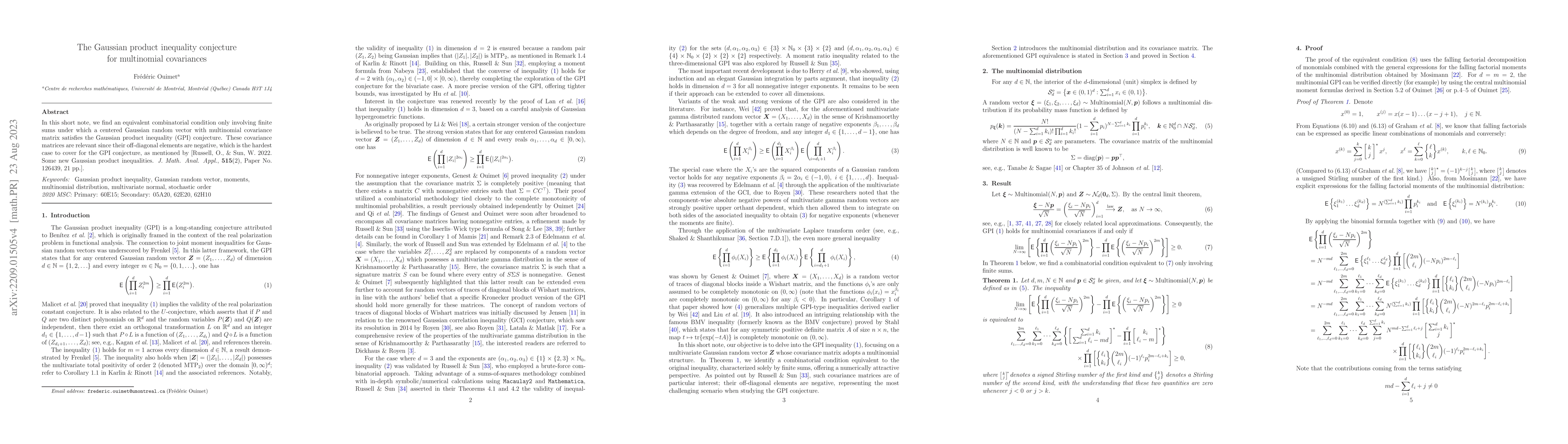 Thumbnail for The Gaussian product inequality conjecture for multinomial covariances