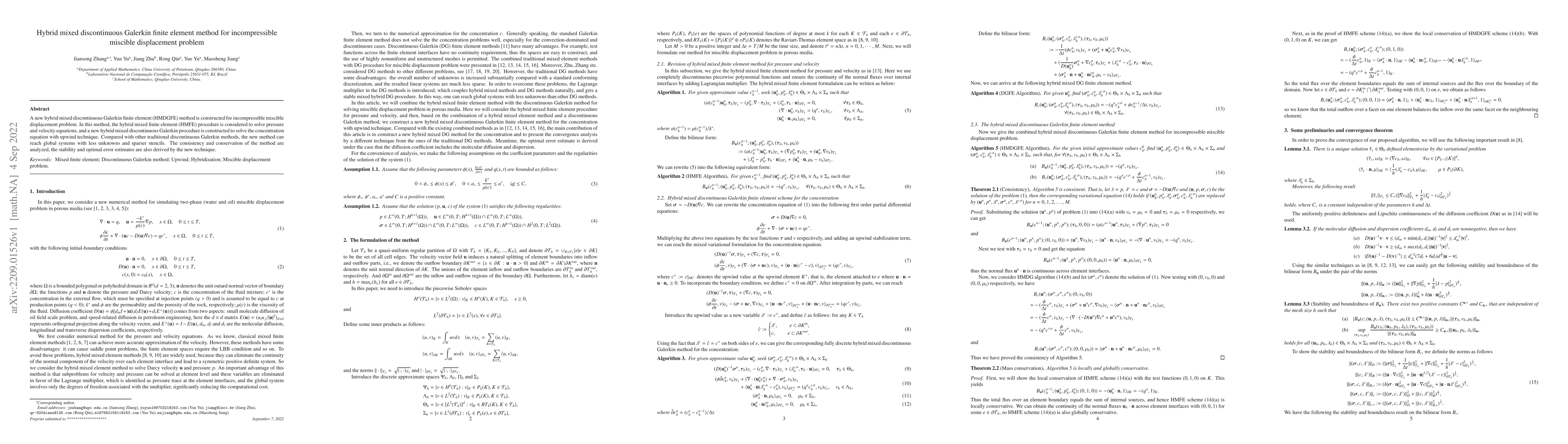 Thumbnail for Hybrid mixed discontinuous Galerkin finite element method for
  incompressible miscible displacement problem