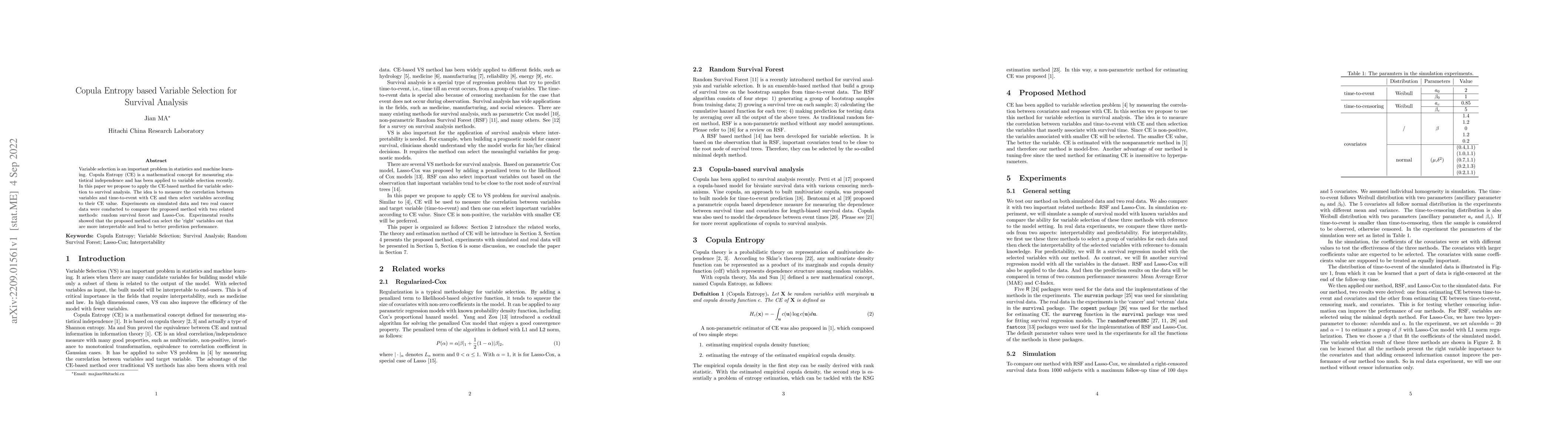 Thumbnail for Copula Entropy based Variable Selection for Survival Analysis