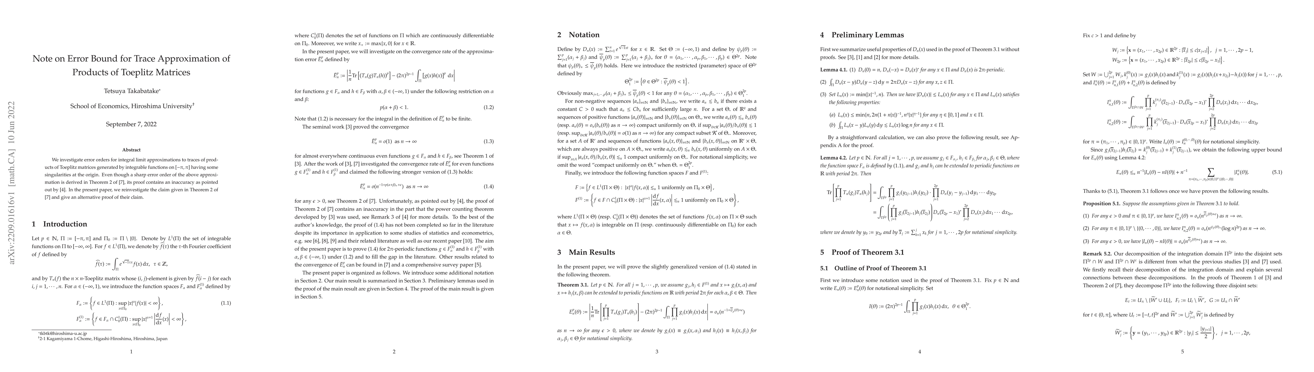Thumbnail for Note on Error Bound for Trace Approximation of Products of Toeplitz
  Matrices